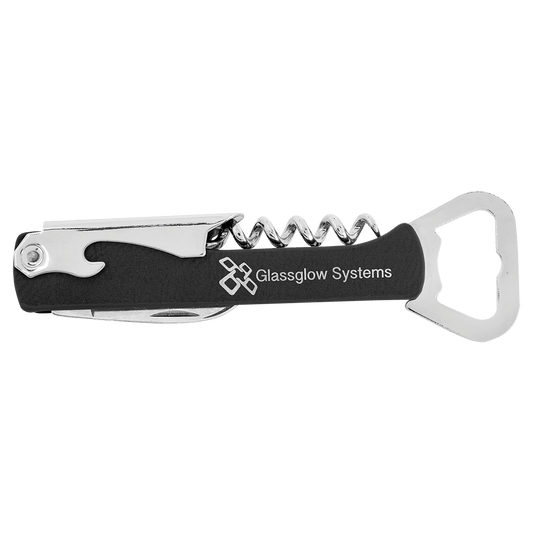 Black/Silver Laserable Leatherette Wine Bottle Opener