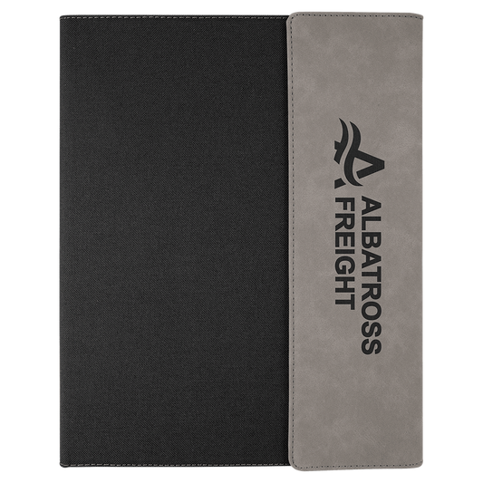 9 1/2" x 12" Gray Laserable Leatherette / Black Canvas Portfolio w / Notepad