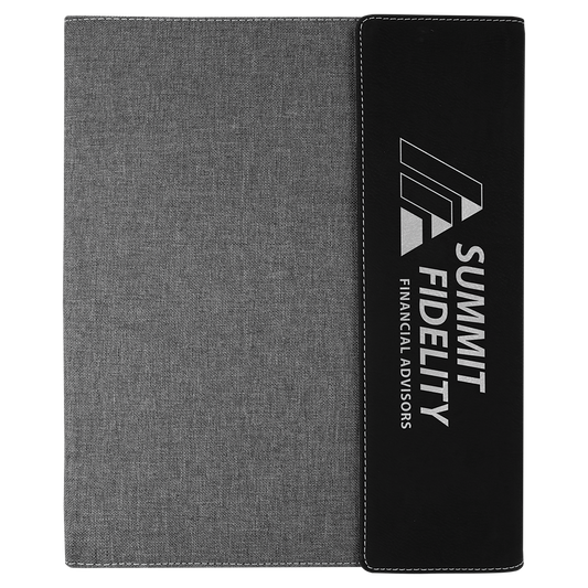 Black/Silver Laserable Leatherette / Gray 9 1/2"x12" Canvas Portfolio w/Notepad