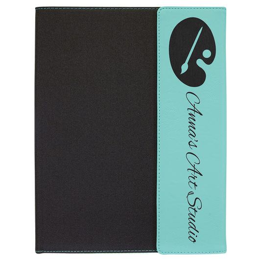 9 1/2"x12" Teal Laserable Leatherette / Black Canvas Portfolio with Notepad