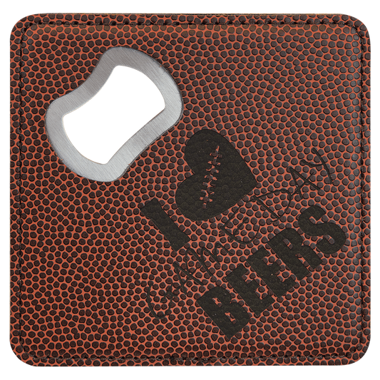 Football 4" x 4" Square Laserable Leatherette Coaster with Bottle Opener