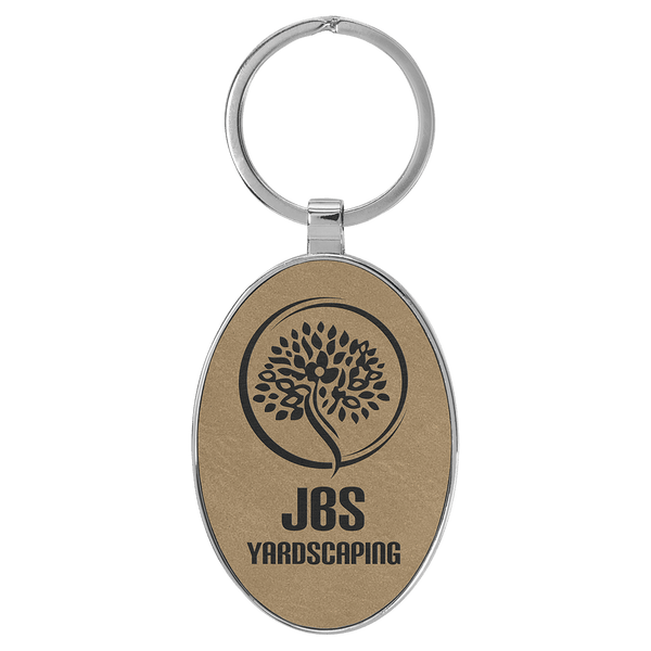 Light Brown 3" x 1 3/4" Laserable Leatherette/Metal Oval Keychain