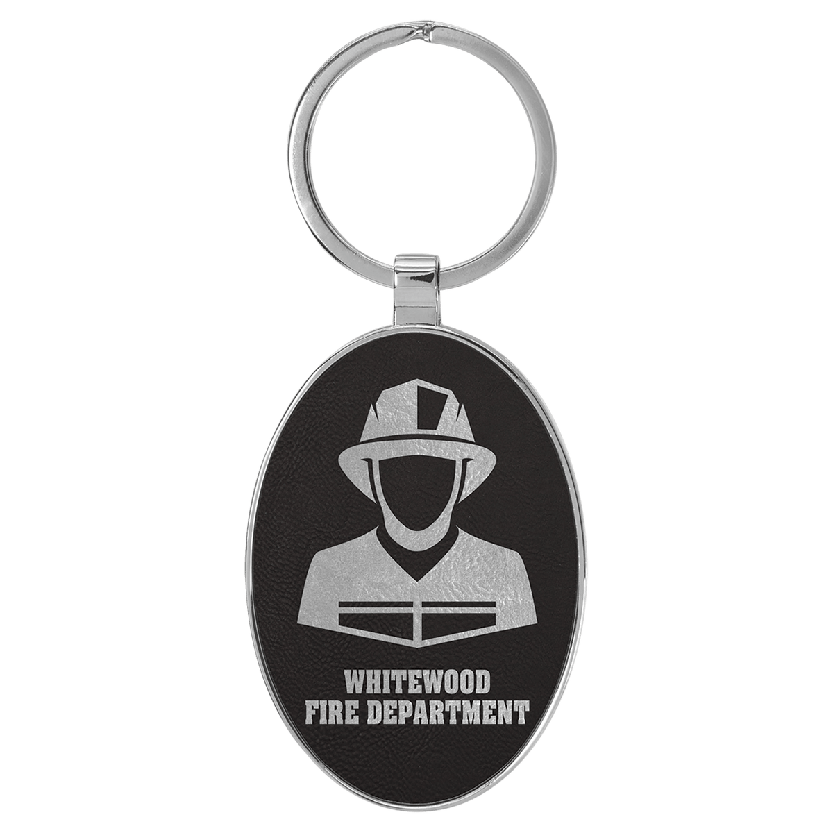 Black/Silver 3" x 1 3/4" Laserable Leatherette/Metal Oval Keychain