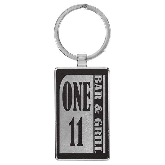 Black/Silver 2 3/4" x 1 1/4" Laserable Leatherette/Metal Rectangle Keychain