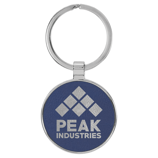 Blue/Silver 1 1/2" Laserable Leatherette/Metal Round Keychain