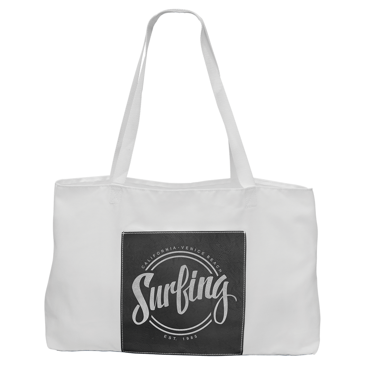 19" x 12" White Bag with 5" Black/Silver Laserable Leatherette Gusset