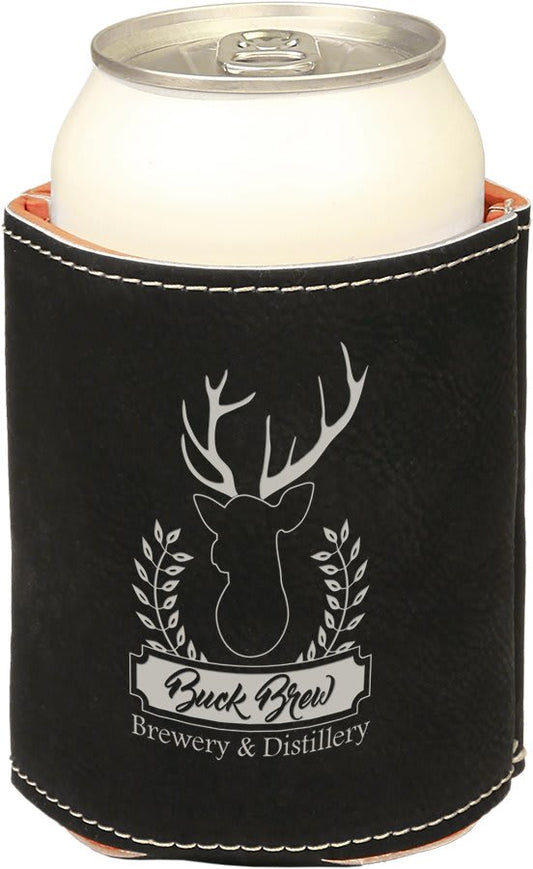 Black/Silver 3 3/4" Laserable Leatherette Beverage Holder