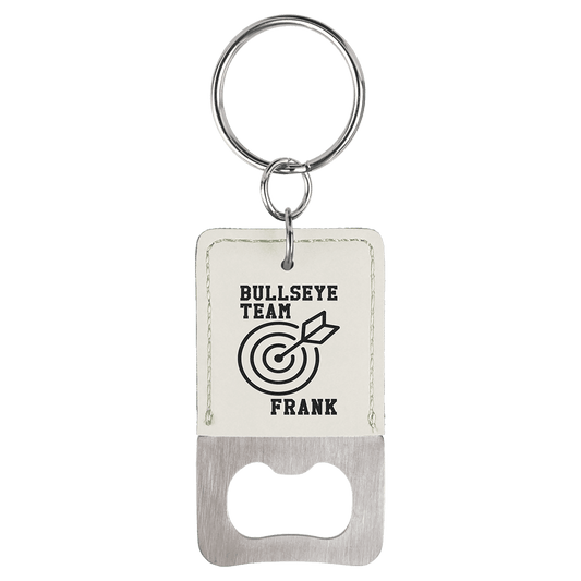 White Rectangle Laserable Leatherette Bottle Opener Keychain