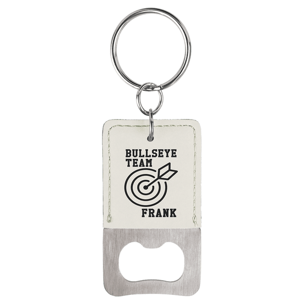 White Rectangle Laserable Leatherette Bottle Opener Keychain