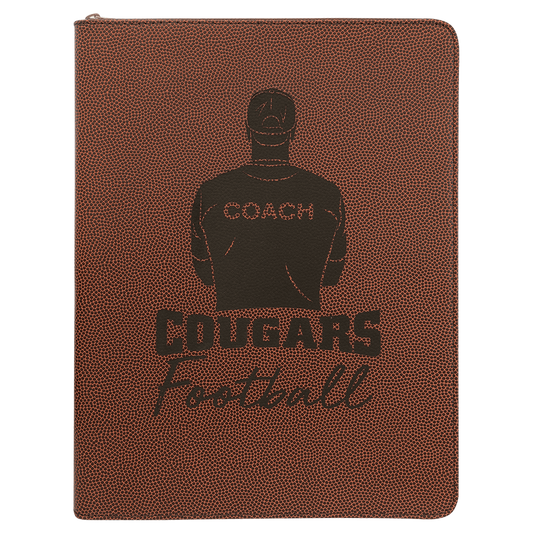 Football 9 1/2" x 12" w/ Zipper Laserable Leatherette Portfolio with Notepad