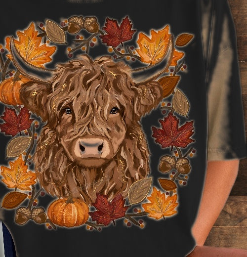 Fall Highland Cow DTF T-Shirt in black