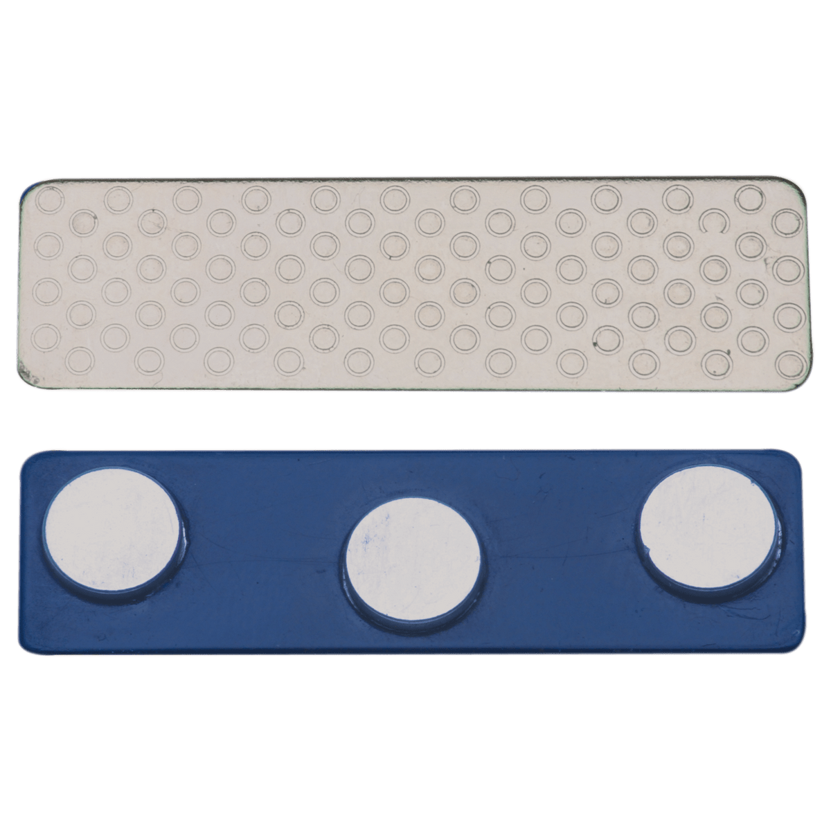 1 3/4" x 1/2" 3-Post Blue Plastic Backed Magnet with Adhesive