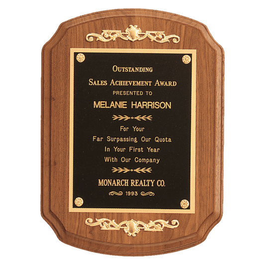9" x 12" American Walnut Rounded, Scalloped Corner Plaque with Decorative Gold Scrolls and a Gold Border Black Laser Engravable Plate