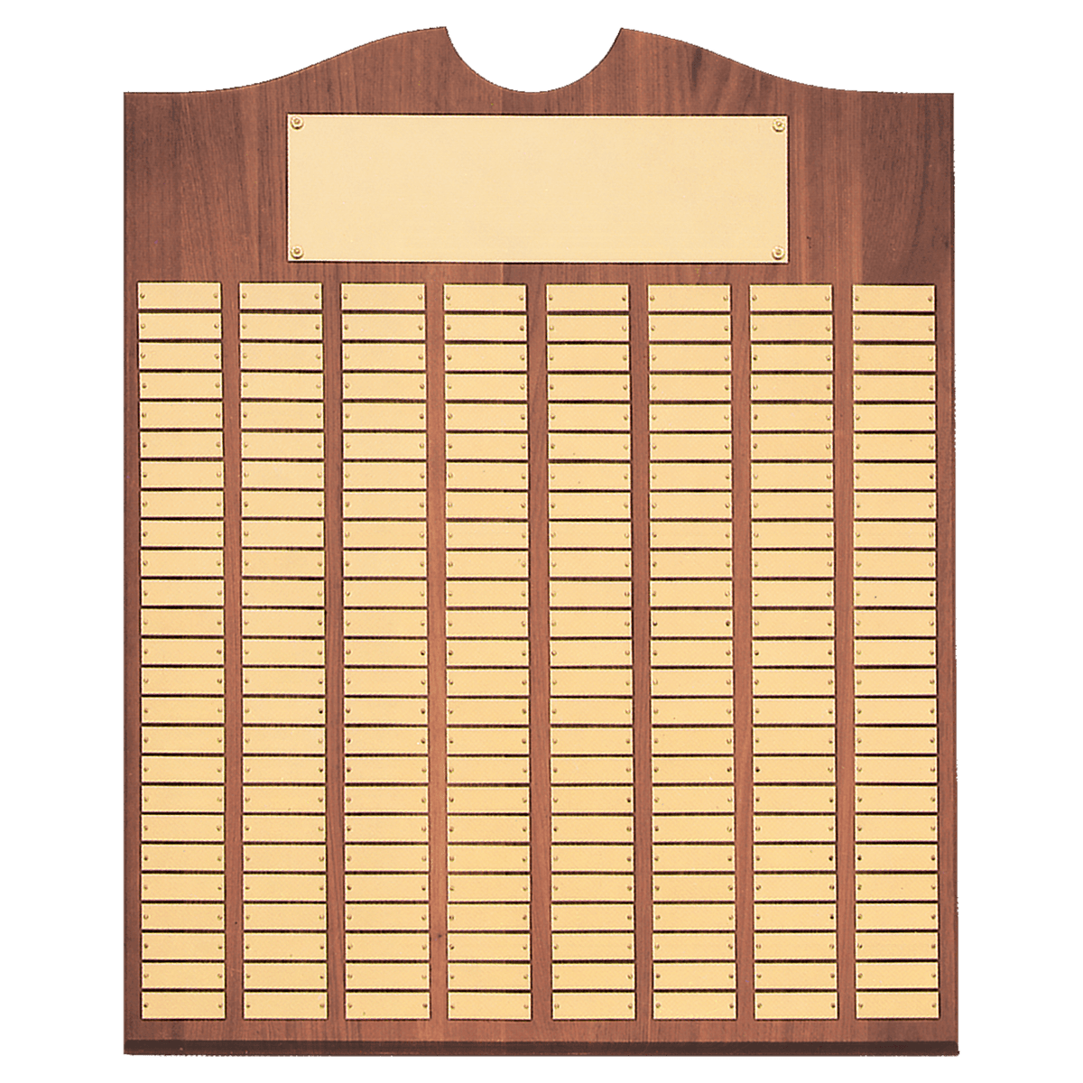Walnut 100 Plate Perpetual Plaque with Brushed Brass 20" x 30"/Plates 7/8" x 2 3/4" American Plates