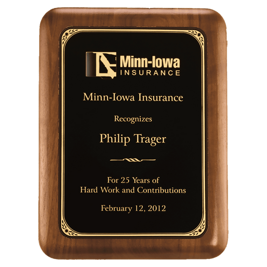 5" x 7" American Walnut Plaque with Gold Border Laserable Black Brass Plate