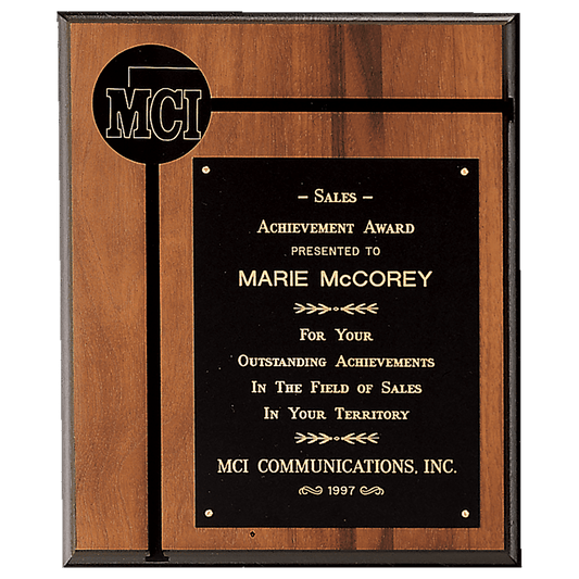 10" x 12" American Walnut Routed Plaque w/Black Brass Plate and 2 1/2" Black Brass Disc