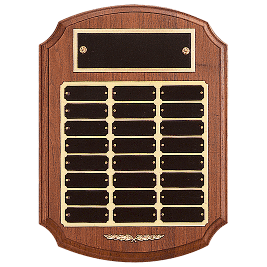 11" x 15" American Walnut 24 Plate Perpetual Plaque with Black Laserable Brass Plates/Gold Trim