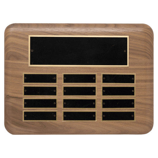 9" x 12"/Plates 7/8" x 2 3/4" American Walnut 12 Plate Perpetual Plaque with Black Brass Plated Steel Plates
