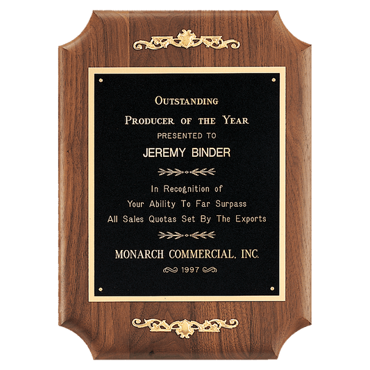 9" x 12" American Walnut Scalloped Corner Plaque with Gold Scrolls and Go ld Border Black Laser Engravable Plate