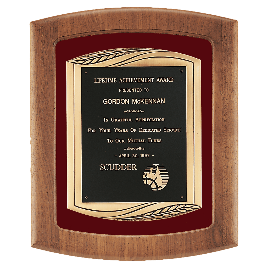 Walnut Frame with Maroon Velour Background and Black Laser Engravable Plate in an Antique Bronze 14" x 17" American Finished Frame Casting
