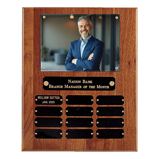 10 1/2" x 13" American Walnut 12 Plate Photo Plaque w/Black Brass Plates-Holds 5" x 7" Photo