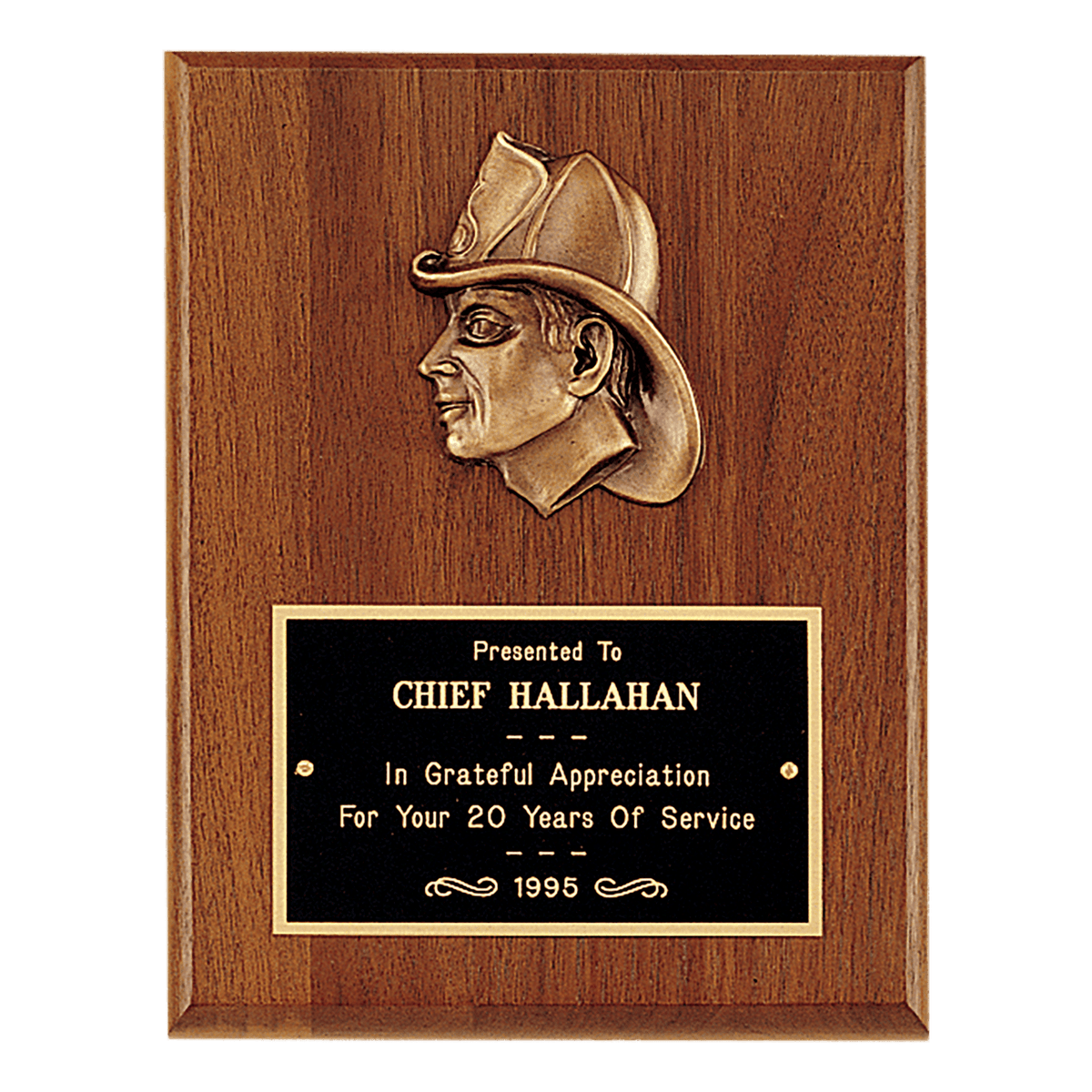 Walnut Plaque with Firefighter Relief and Black Brass 7" x 9" American Plate