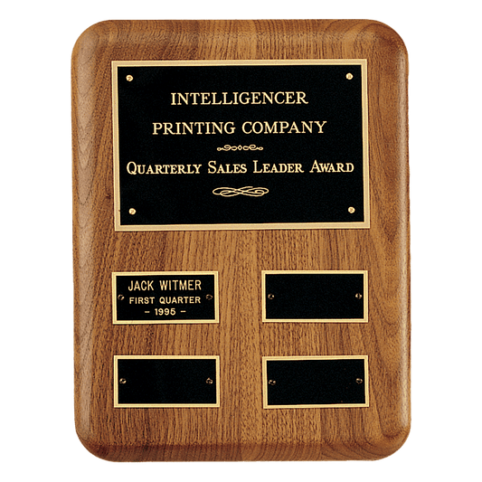 8" x 10 1/2"/Plates 1 1/4" x 2 1/2" American Walnut AirFlyte Edge Quarterly Award Perpetual Plaque wth Black Brass Plates
