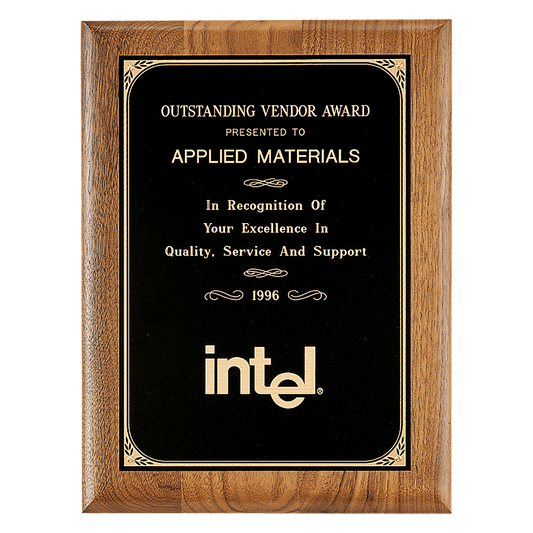 7" x 9" Coventry Series American Walnut Plaque with Gold Border Laserable Black Brass Plate
