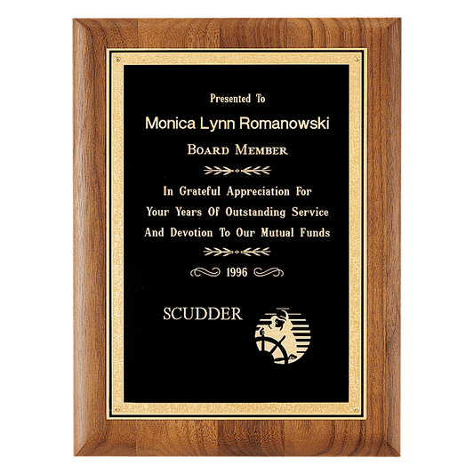 9" x 12" Coventry Series American Walnut Plaque with Gold Florentine Border Textured Black LaserFX Plate