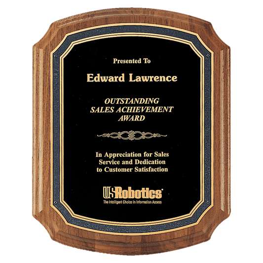 Walnut Plaque with Black/Gold Florentine Border Textured Black 10 1/2" x 13" American Plate