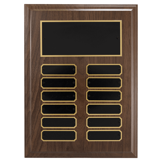 9" x 12"/Plates 7/8" x 2 3/4" Walnut Step-Edge 12 Plate Perpetual Plaque with Black Brass Plate