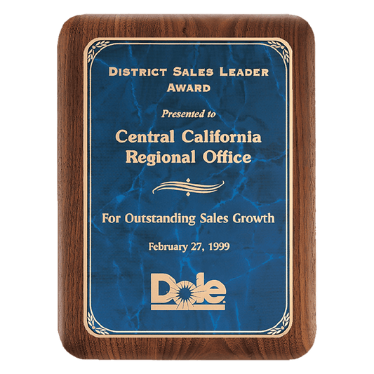 7" X 9" American Walnut Plaque with Gold Border Sapphire Marble LaserFX Plate