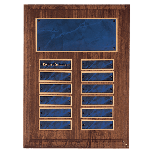 9" x 12" American Walnut 12 Plate Perpetual Plaque with Sapphire Marble Brass Plates