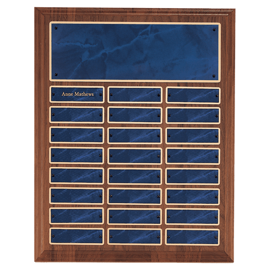 12" x 15"/Plates 1" x 3 1/4" American Walnut 24 Plate Perpetual Plaque with Sapphire Marble Brass Plates