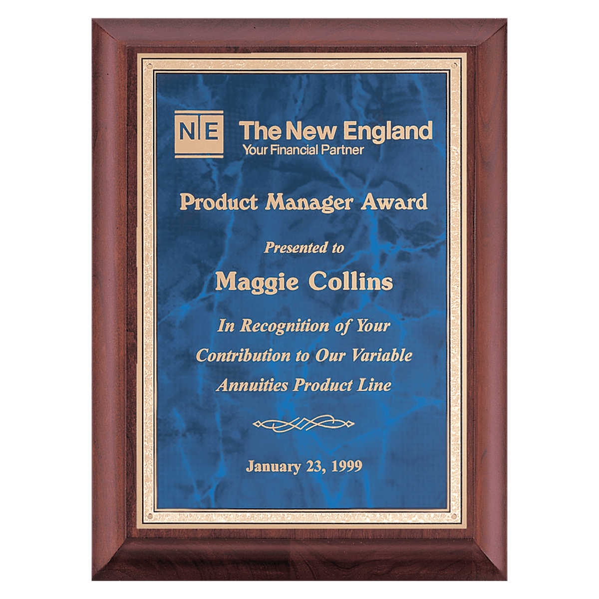 Cherry Finish Plaque with Sapphire Marble Gold 8" x 10" Hand Rubbed Border LaserFX Plate