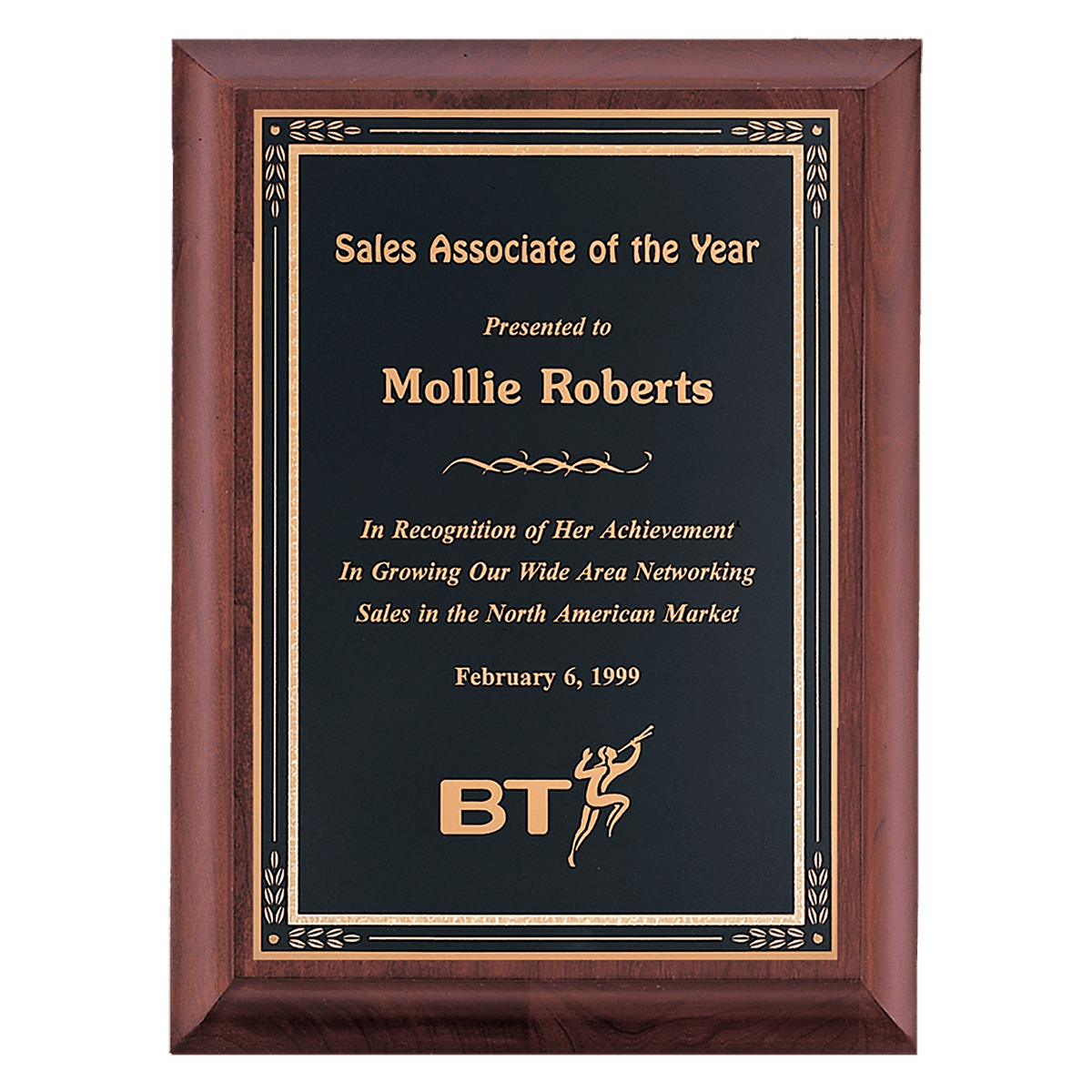 Cherry Finish Plaque with Black Gold 7" x 9" Hand Rubbed Florentine Border LaserFX Plate