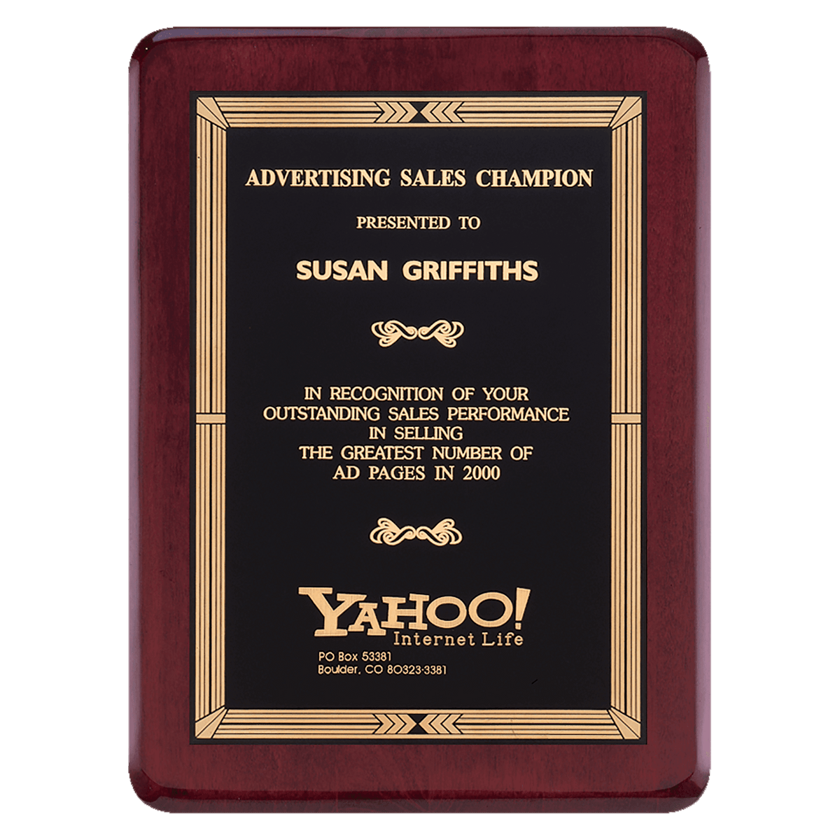 Rosewood Piano Finish Plaque with Gold Border Black Laserable Brass 7" x 9" Airflyte Premium PLate
