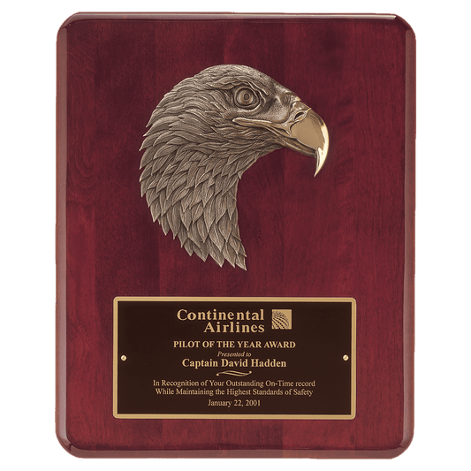 Rosewood Piano Finish Plaque with Finely Detailed Bronze Eagle Head Casting with Black Laserable Brass 10 1/2" x 13" Plate
