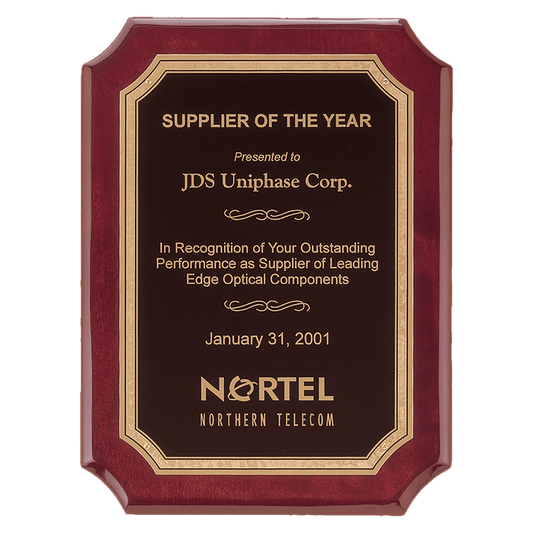 8" x 10 1/2" Airflyte Rosewood Piano Finish Plaque with Gold Border Black Brass Plated Steel LaserFX Plate