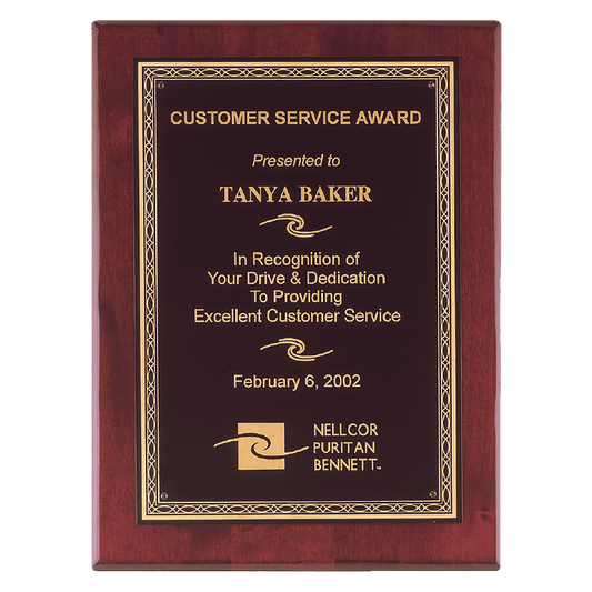 Rosewood Piano Finish Plaque with Gold Florentine Laserable Black Brass 11" x 14" Airflyte Premium Plate