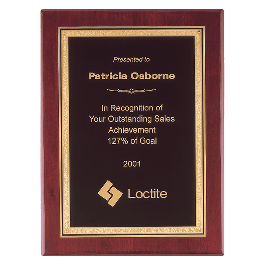 8" x 10" Airflyte Premium Rosewood Piano Finish Plaque with Gold Florentine Border Black LaserFX Plate