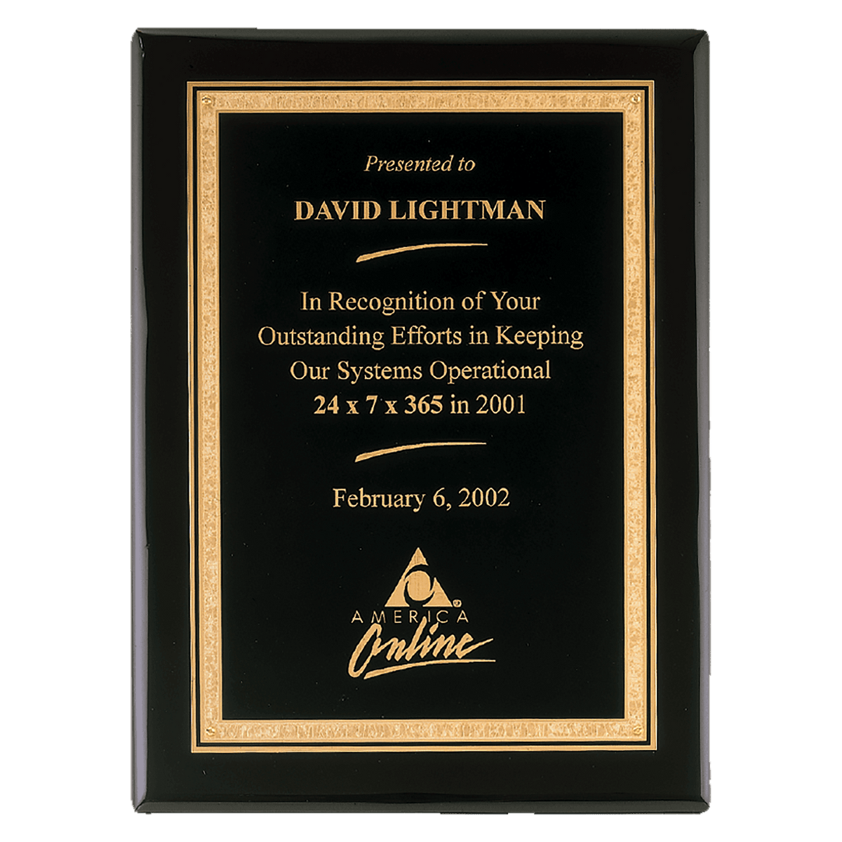 Black Piano Finish Plaque with Gold 7" x 9" Airflyte Premium Florentine Border LaserFX Plate