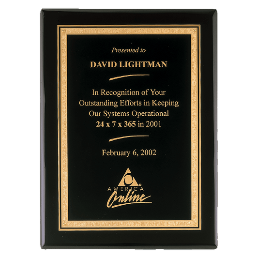 8" x 10" Airflyte Premium Black Piano Finish Plaque with Gold Florentine Border LaserFX Plate