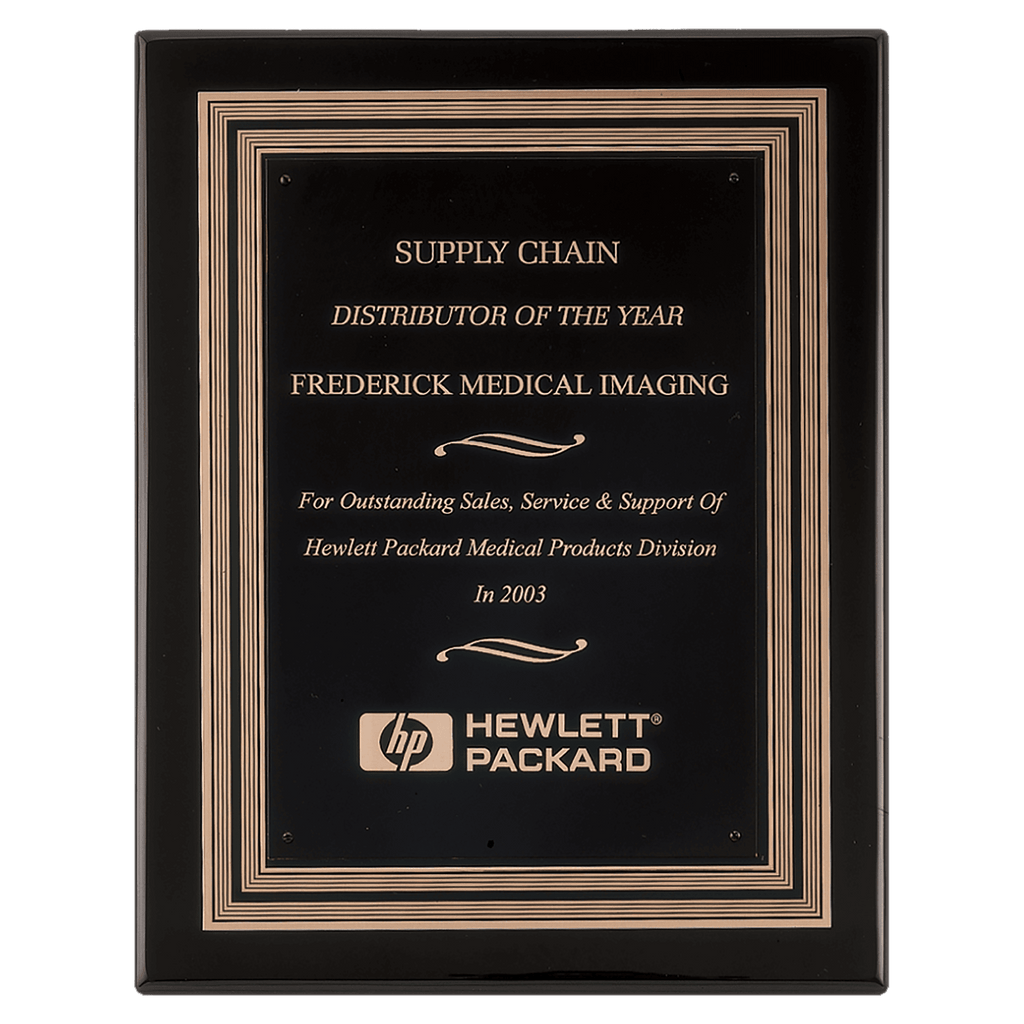 Black Piano Finish Plaque w/Black/Gold Embossed Back Plate & Black Brass 11" x 14" Plate