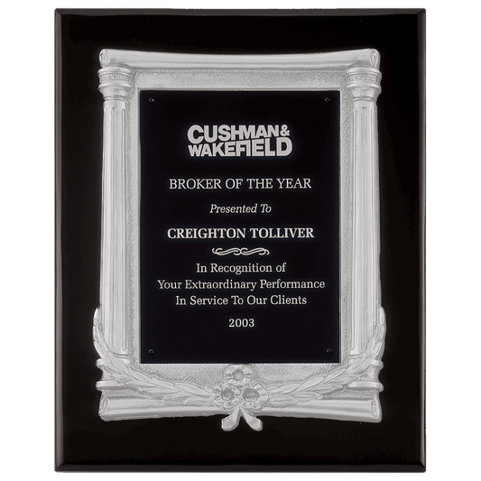 10 1/2" x 13" Black Piano Finish Plaque, Antique Silver Frame Casting & Black Aluminum Plate