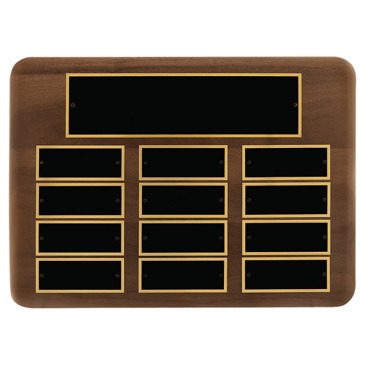 Walnut 12 Plate Perpetual Plaque with Black Brass 11" x 15"/Plates 1 1/2" x 3 3/4" American Plates