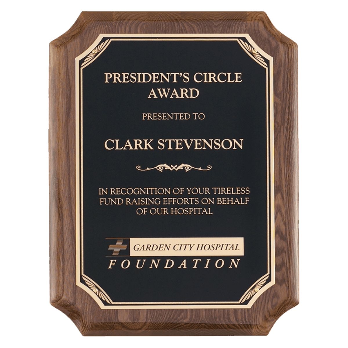 Walnut Piano Finish Plaque with Gold Florentine Border Black 7" x 9" Airflyte LaserFX Plate