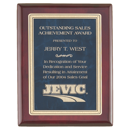 7" x 9" Rosewood Piano Finish Plaque with a Sapphire Marble/Gold FlorentineDesign LaserFX Plate