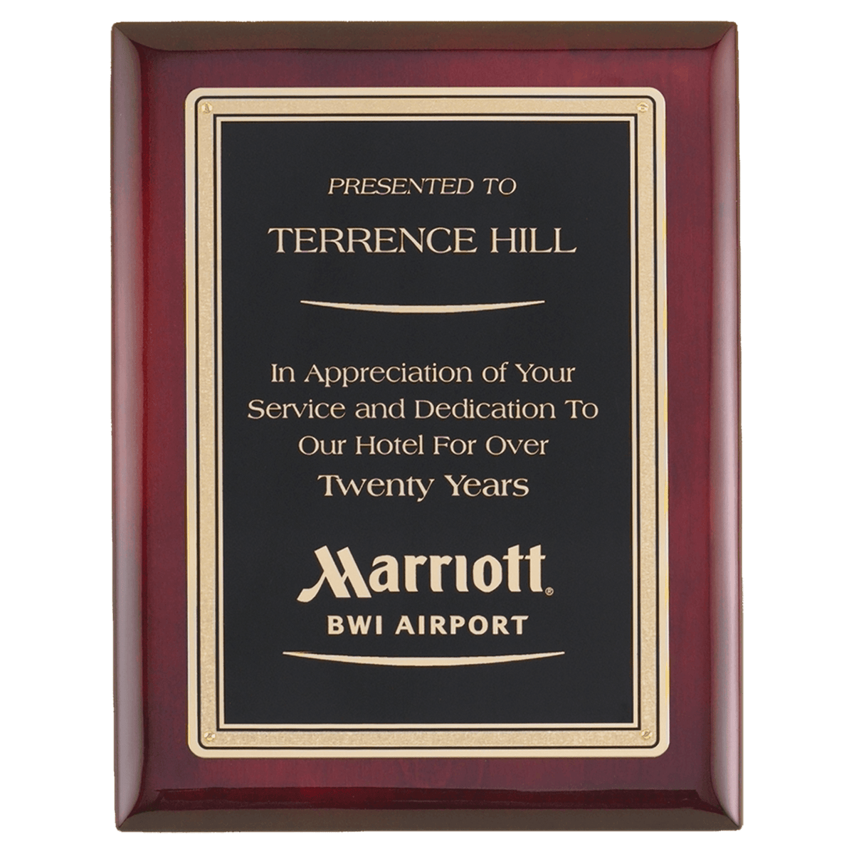 Rosewood Piano Finish Plaque with Gold Border Black Airflyte Premium LaserFX Plate