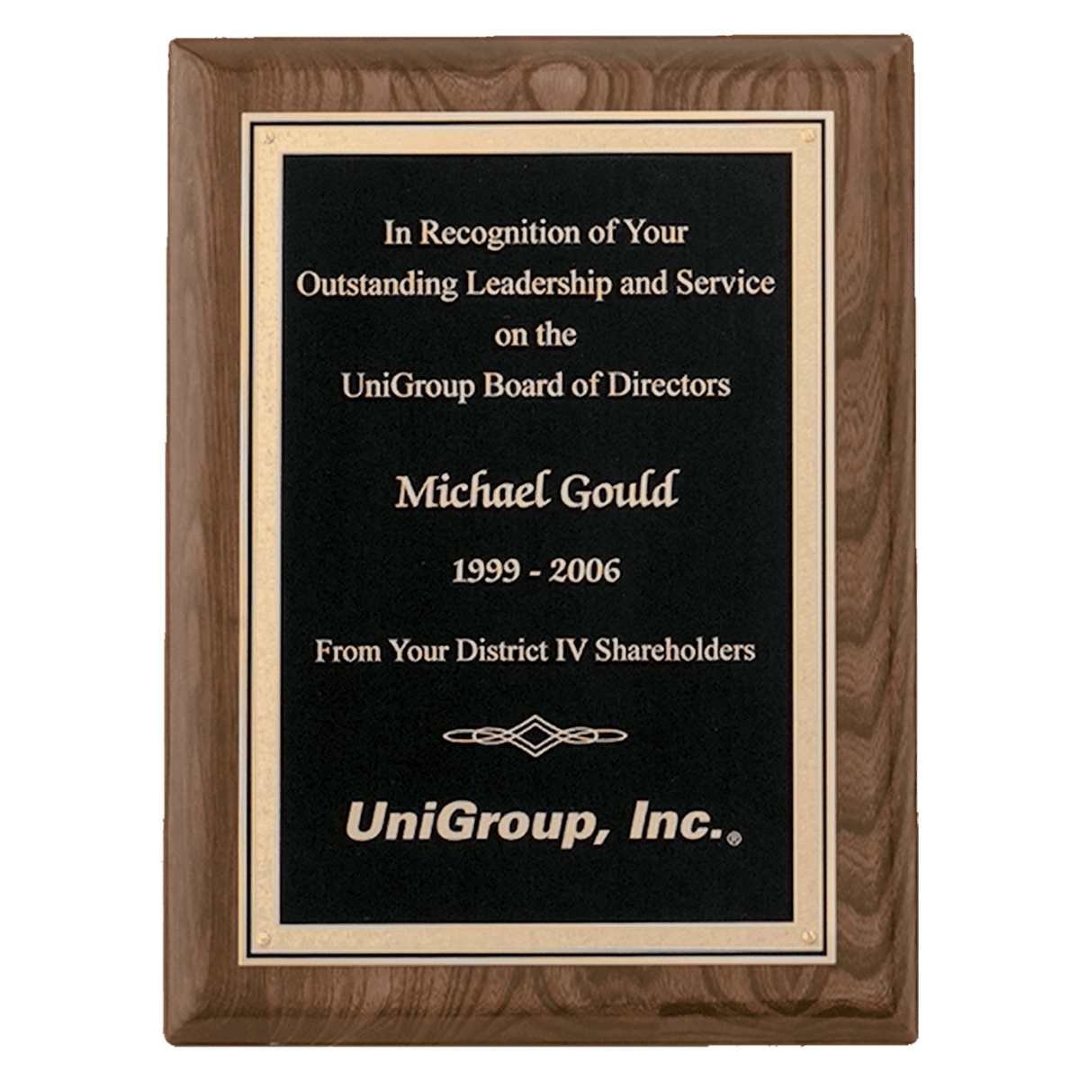 Walnut Piano Finish Plaque with Textured Black/Gold 9" x 12" Airflyte Florentine Border LaserFX Plate